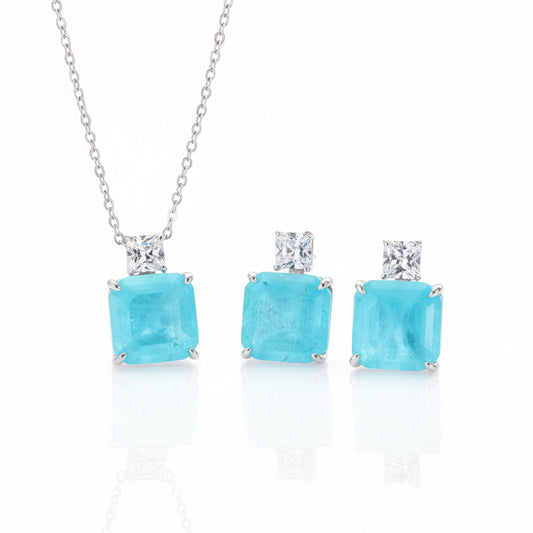 NECKLACE + EARRINGS SET SQUARE BLUE TURQUOISE FUSION CRYSTAL