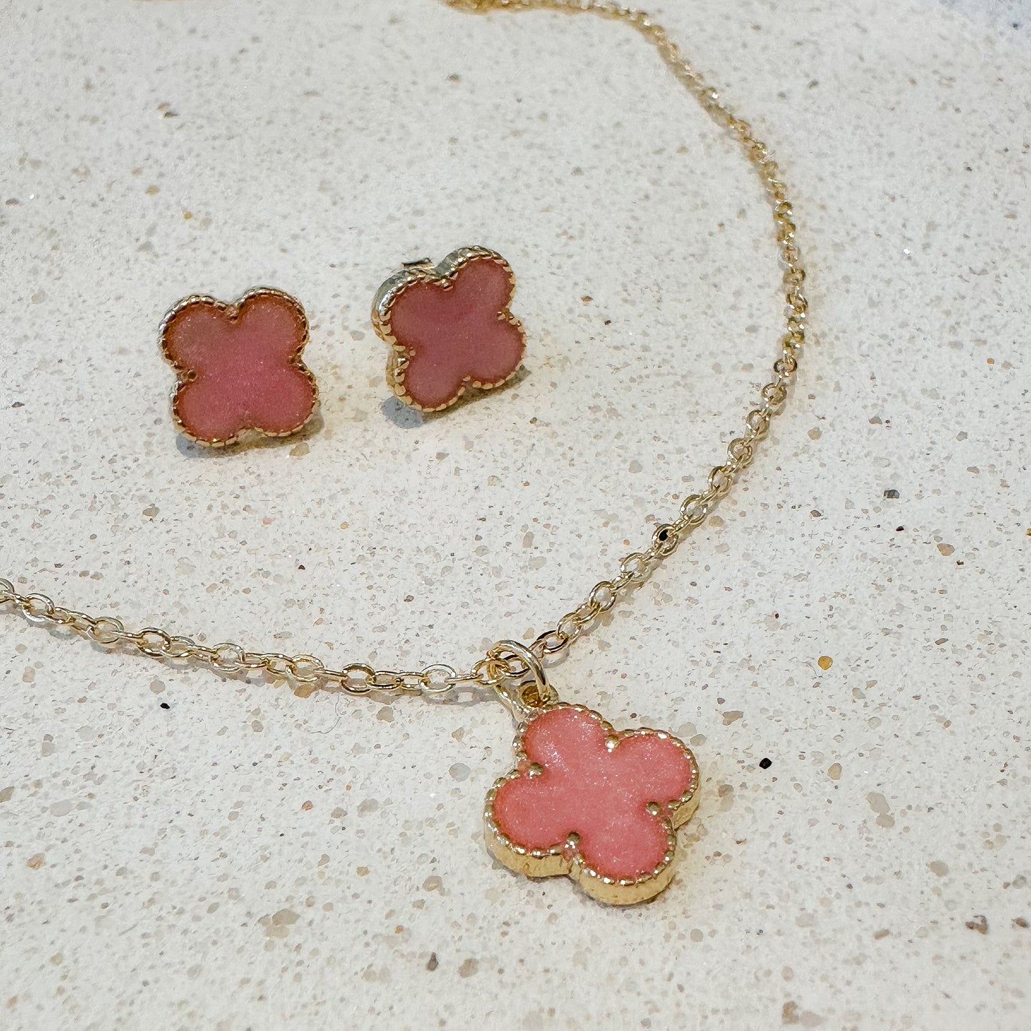 NECKLACE +EARRING PINK CLOVER FOR KIDS