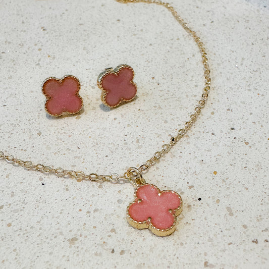 NECKLACE +EARRING PINK CLOVER FOR KIDS