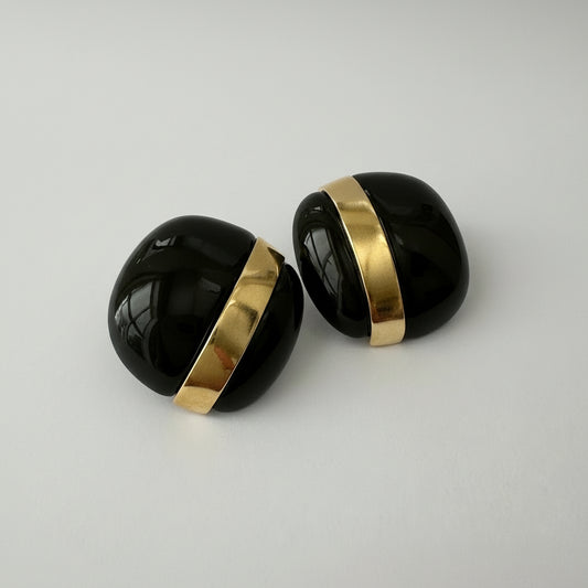 EARRINGS MAXI SQUARE BUTTON DARK GREEN RESIN WITH GOLD STRIPE