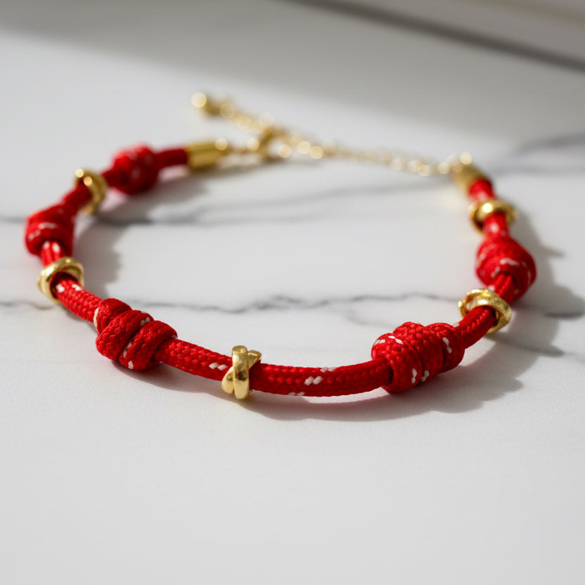 BRACELET RED STRING KNOTS AND GOLDEN RINGS