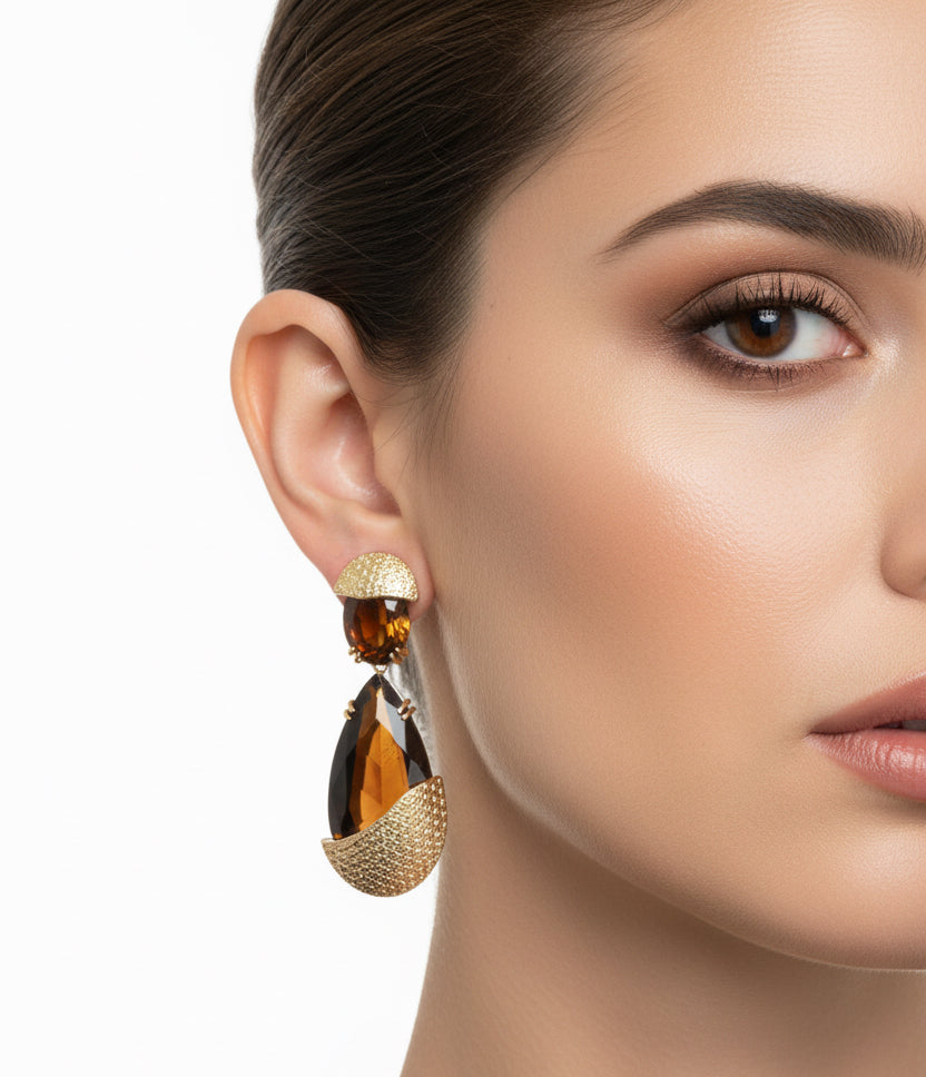 EARRINGS TEAR DROP BROWN CRYSTAL WITH GOLDEN DETAILS