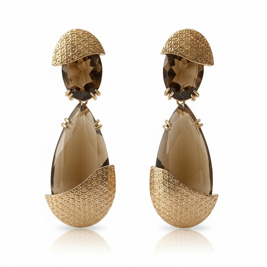 EARRINGS TEAR DROP BROWN CRYSTAL WITH GOLDEN DETAILS