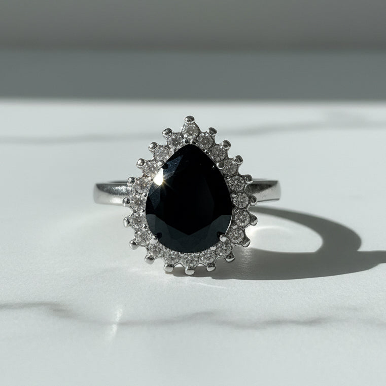 RING BLACK ONIX CRYSTAL TEAR DROP ADJUSTABLE