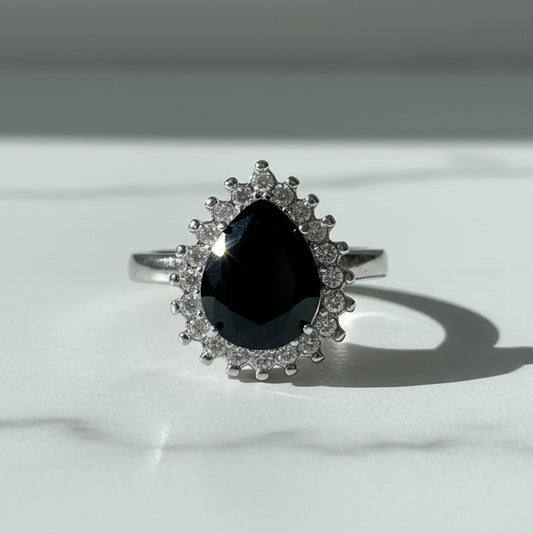 RING BLACK ONIX CRYSTAL TEAR DROP ADJUSTABLE