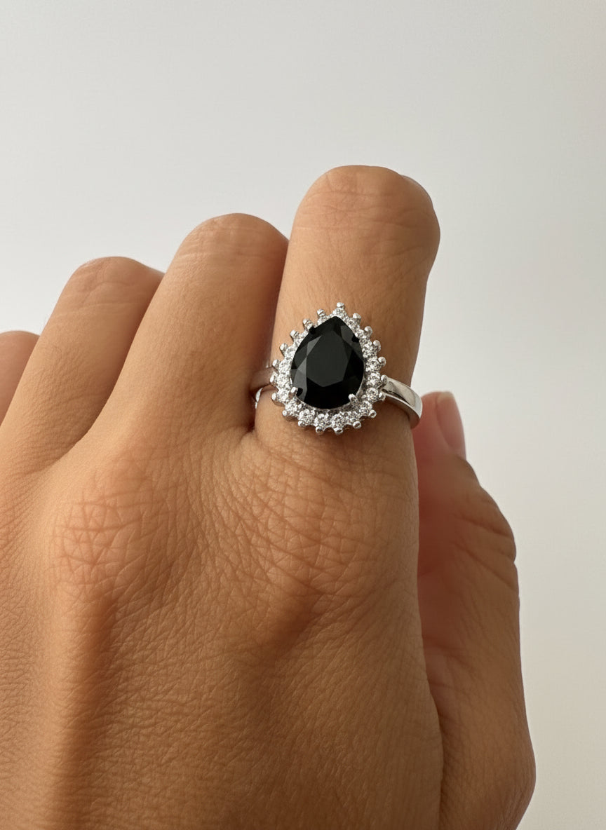 RING BLACK ONIX CRYSTAL TEAR DROP ADJUSTABLE