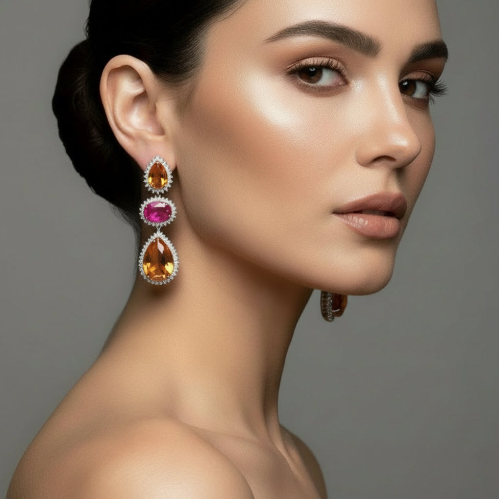 EARRINGS GLAM AMBER ORANGE PINK FUCSIA CRYSTALS