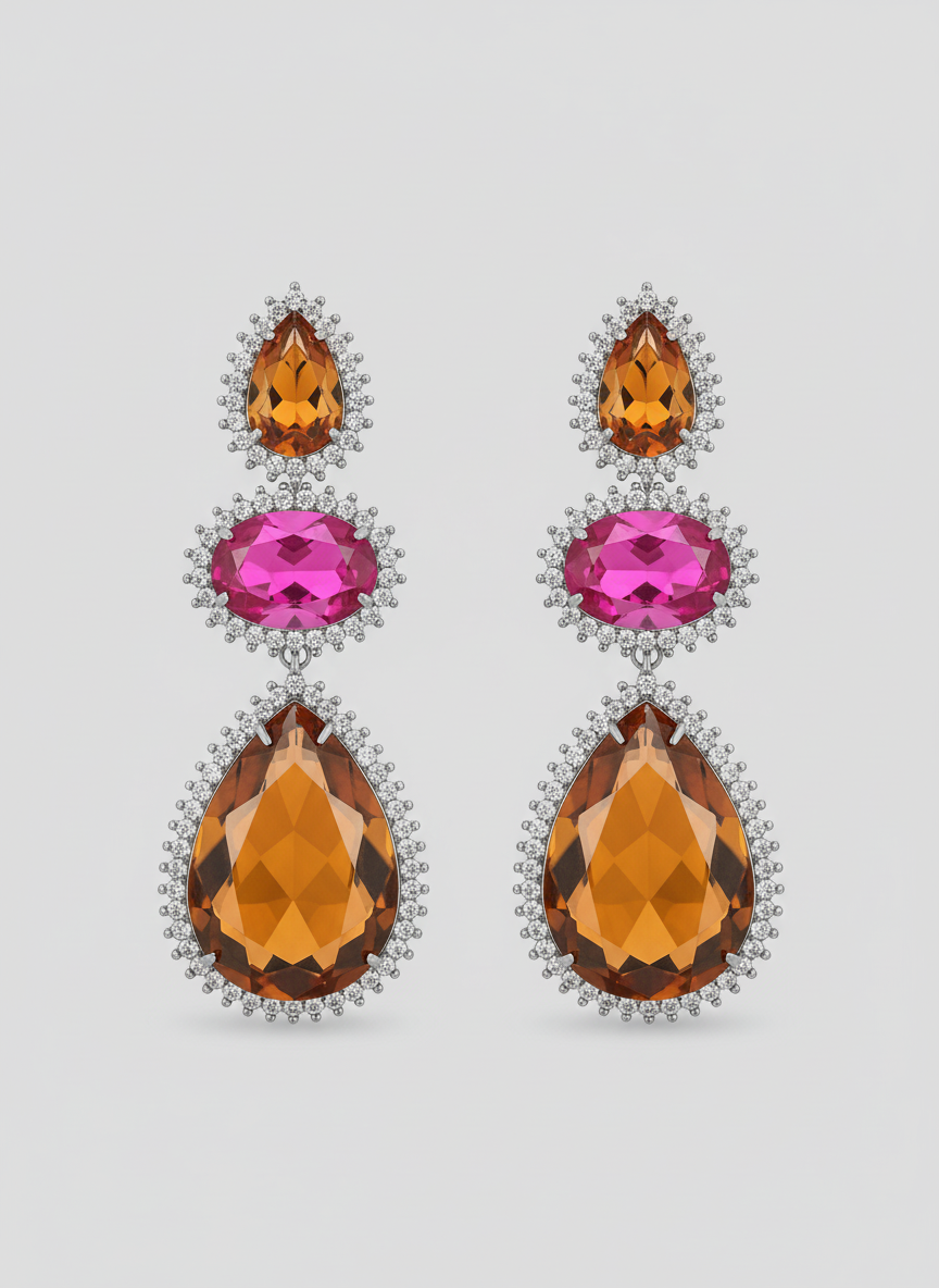 EARRINGS GLAM AMBER ORANGE PINK FUCSIA CRYSTALS