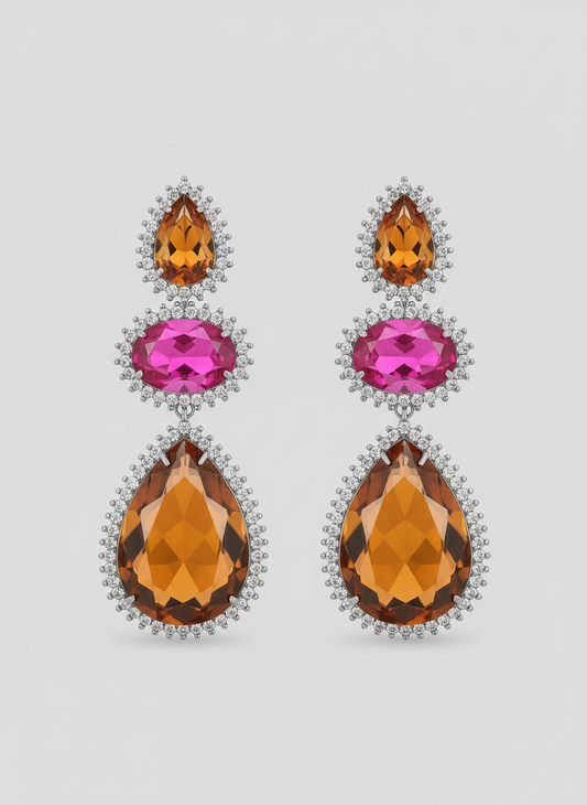 EARRINGS GLAM AMBER ORANGE PINK FUCSIA CRYSTALS