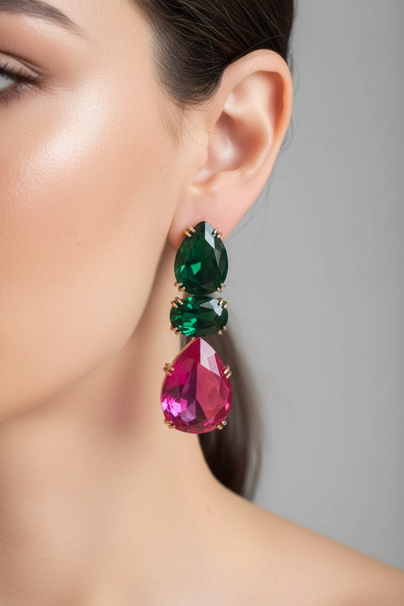 EARRINGS GLAMOROUS EMERALD PINK FUCSIA CRYSTALS