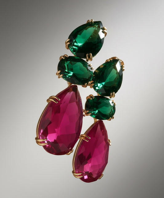 EARRINGS GLAMOROUS EMERALD PINK FUCSIA CRYSTALS