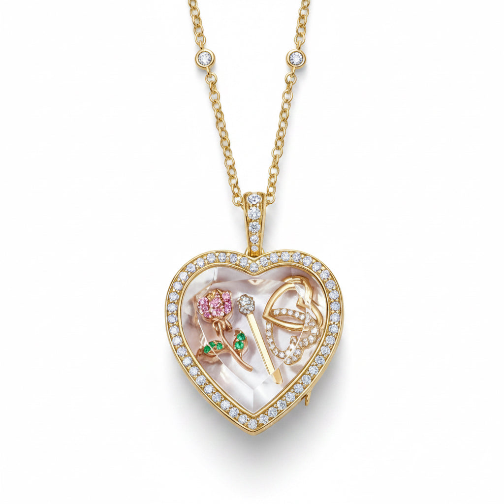 NECKLACE LOCKET GLASS HEART BOX CRYSTALS