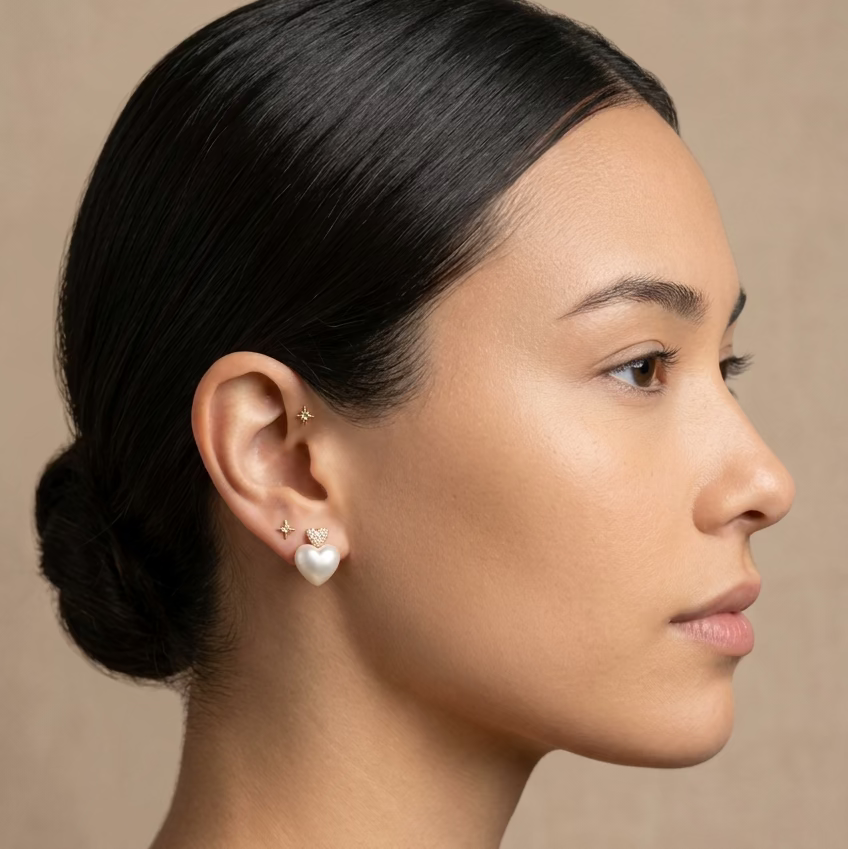 EARRINGS TWO HEARTS CRYSTALS AND PEARL