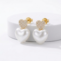 EARRINGS TWO HEARTS CRYSTALS AND PEARL