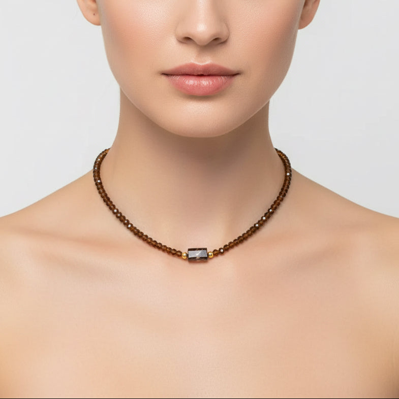NECKLACE BROWN CRYSTALS WITH TIGER EYE STONE