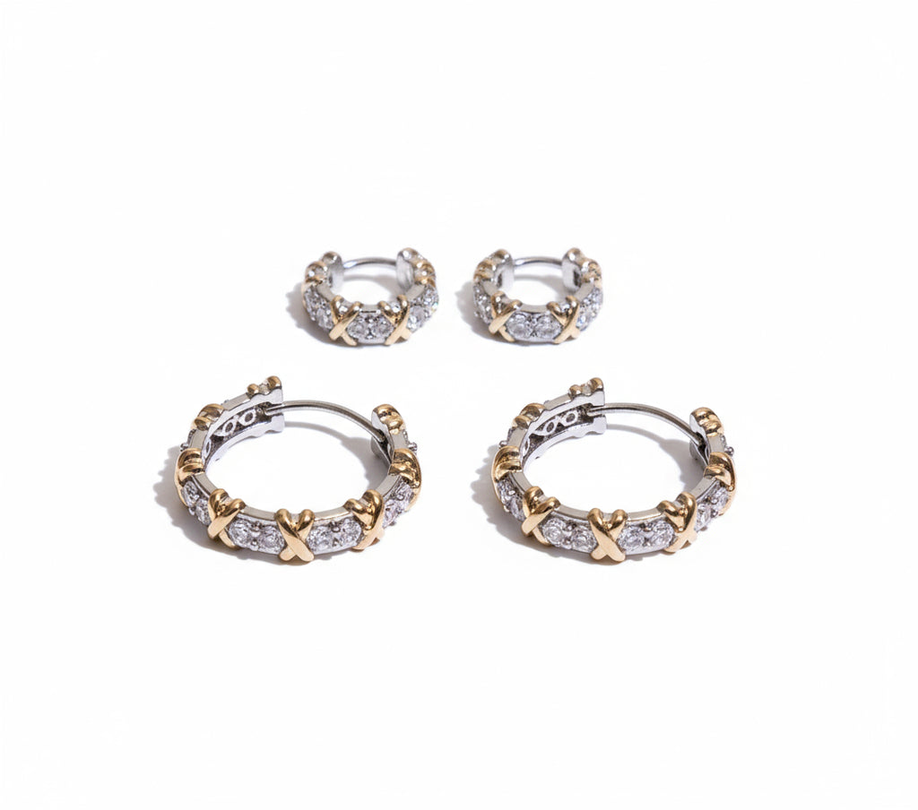 EARRING HOOPS HUGGIES X DUO PLATED WITH CUBIC ZIRCONIA