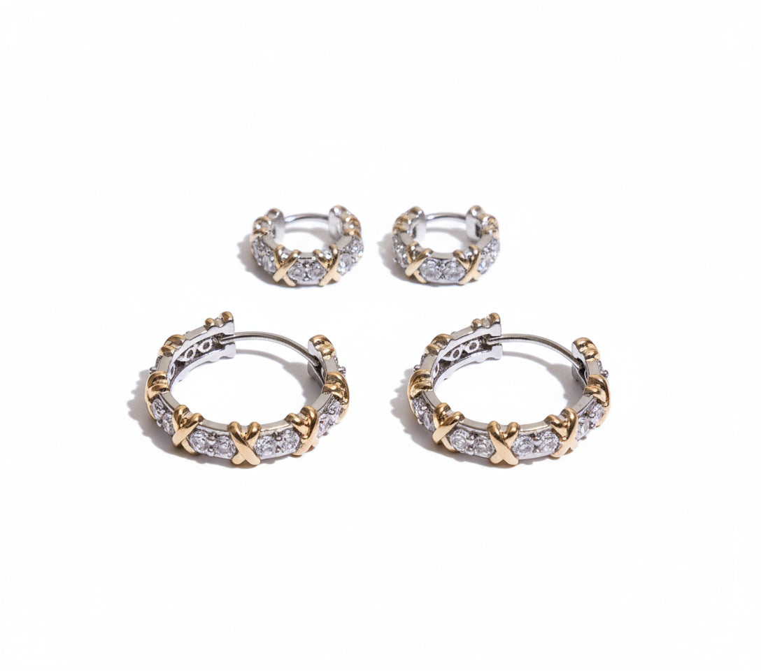 EARRING HOOPS HUGGIES X DUO PLATED WITH CUBIC ZIRCONIA