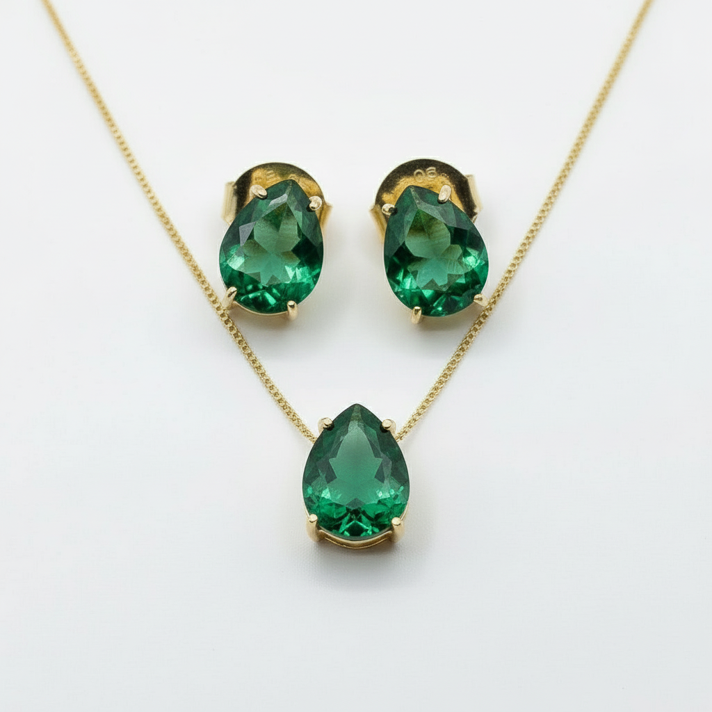 NECKLACE + EARRINGS SMALL TEARDROP CRYSTAL 8X10MM