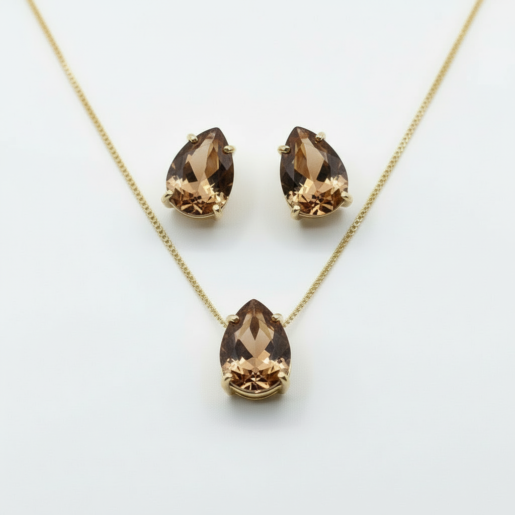 NECKLACE + EARRINGS SMALL TEARDROP CRYSTAL 8X10MM