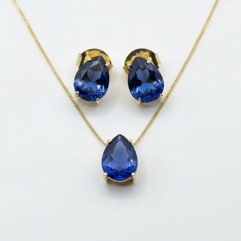 NECKLACE + EARRINGS SMALL TEARDROP CRYSTAL 8X10MM