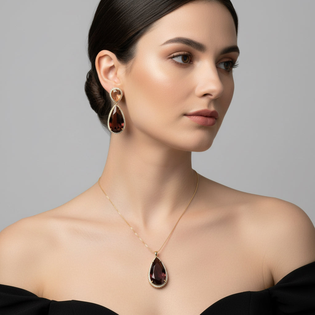 NECKLACE + EARRINGS SET LUXURY SPARKLE BROWN CHOCOLATE CRYSTALS