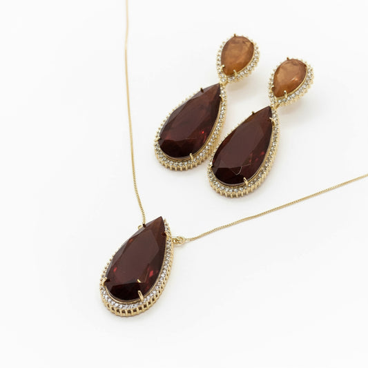 NECKLACE + EARRINGS SET LUXURY SPARKLE BROWN CHOCOLATE CRYSTALS