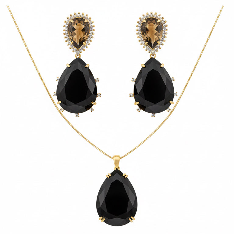 NECKLACE + EARRINGS SET LUXURY ONIX BLACK AND BROWN CRYSTALS