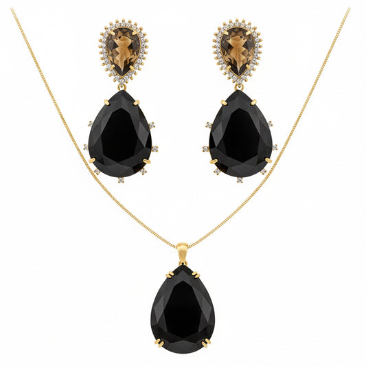 NECKLACE + EARRINGS SET LUXURY ONIX BLACK AND BROWN CRYSTALS