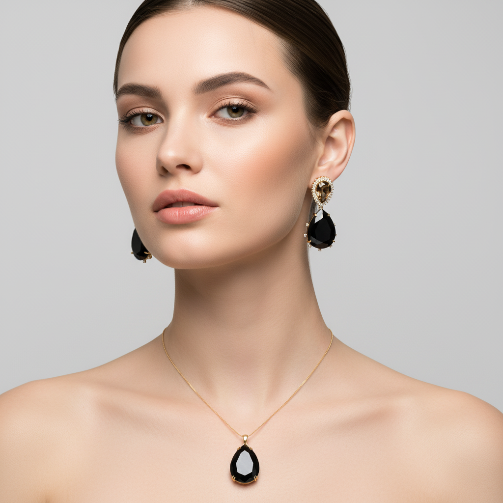 NECKLACE + EARRINGS SET LUXURY ONIX BLACK AND BROWN CRYSTALS