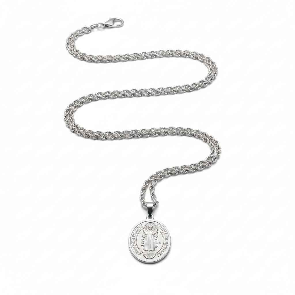NECKLACE TWISTED CHAIN STAINLEES STEEL ST BENEDICT PENDANT FOR MEN