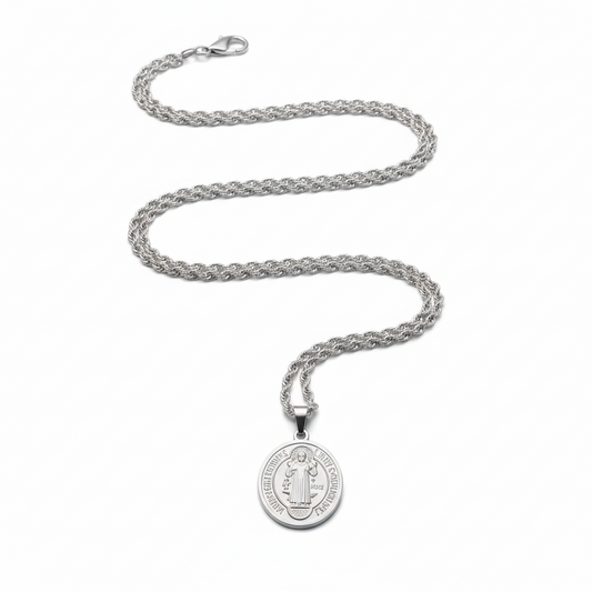 NECKLACE TWISTED CHAIN STAINLEES STEEL ST BENEDICT PENDANT FOR MEN