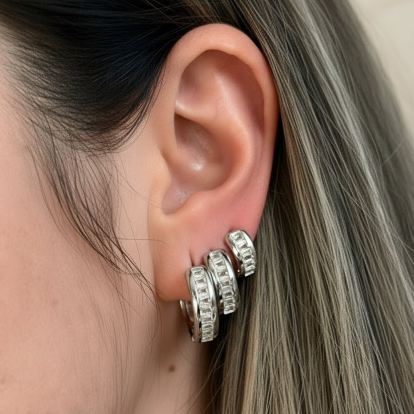 EARRINGS HOOPS TRIO SQUARE CUBIC ZIRCONIAS