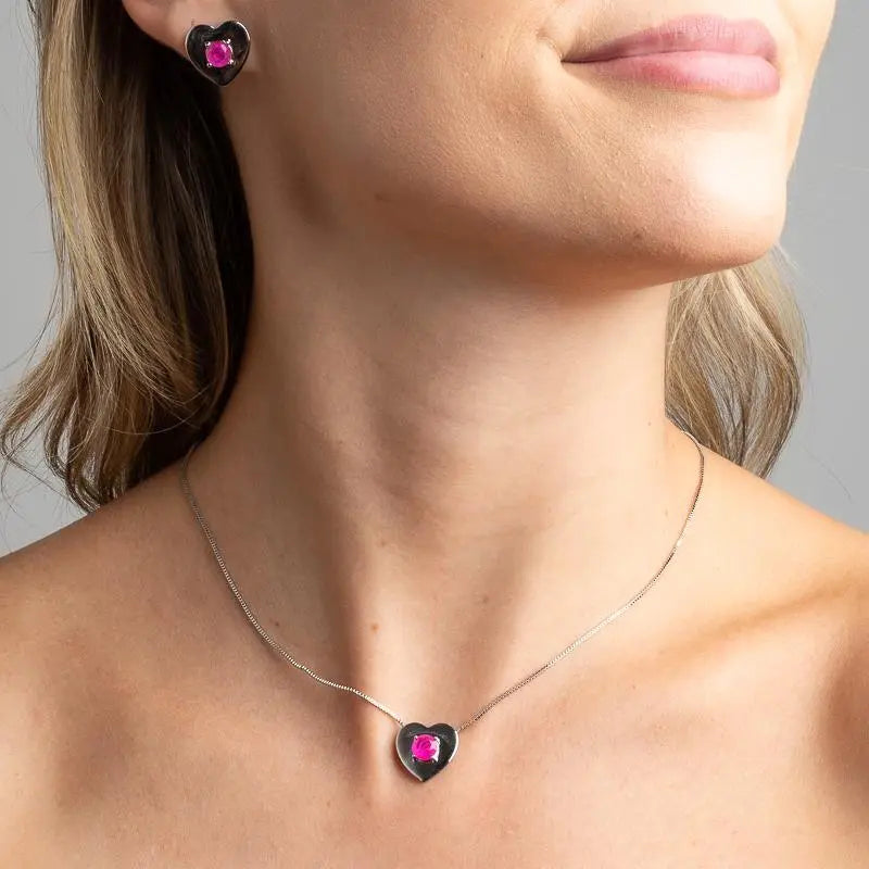 EARRINGS+ NECKLACE JEWELRY SET HEART WITH CRYSTAL