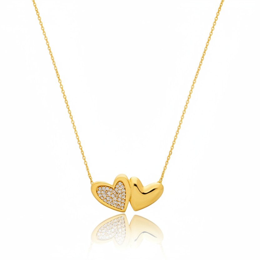 NECKLACE TWO HEARTS CUBIC ZIRCONIA STUDDED AND PLAIN
