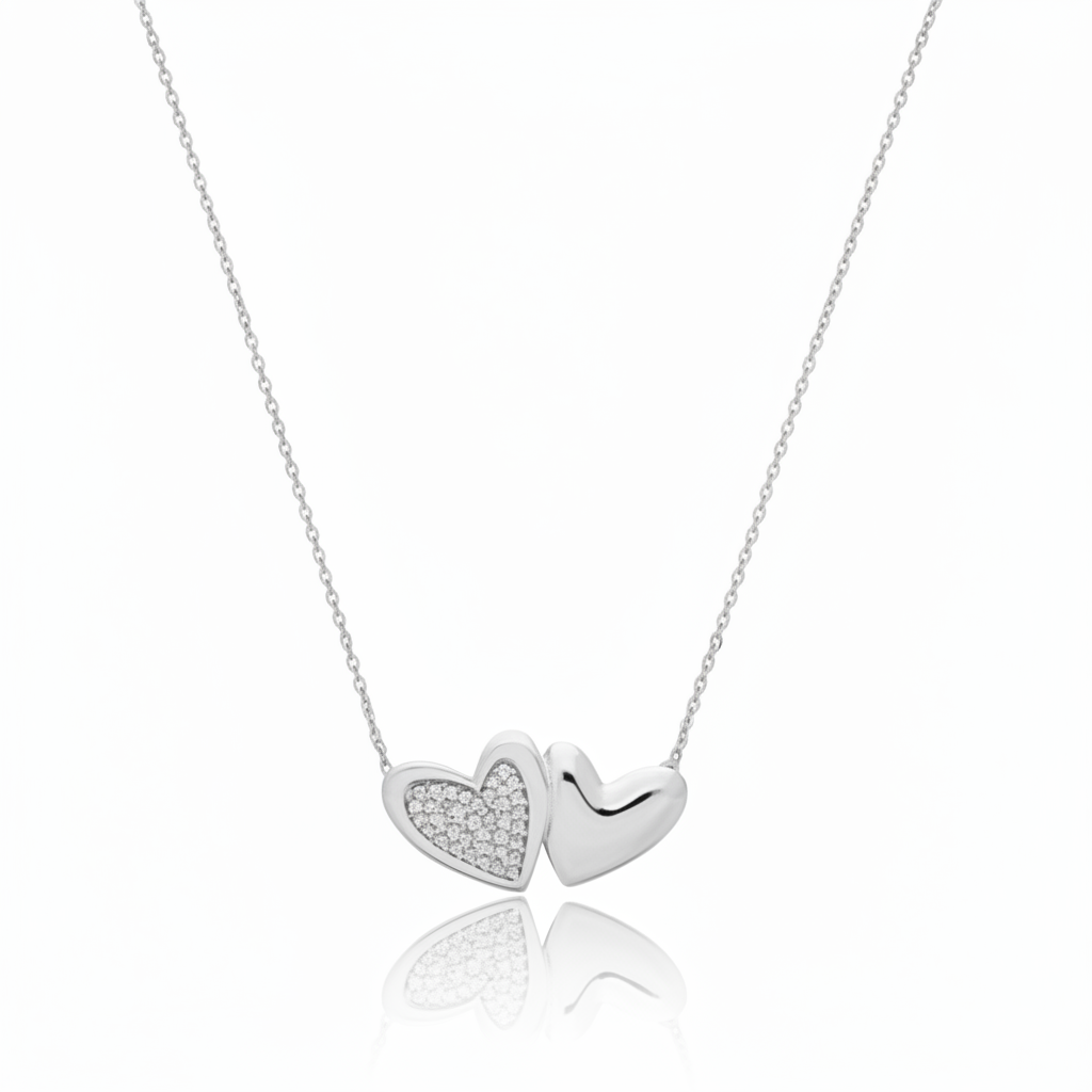 NECKLACE TWO HEARTS CUBIC ZIRCONIA STUDDED AND PLAIN