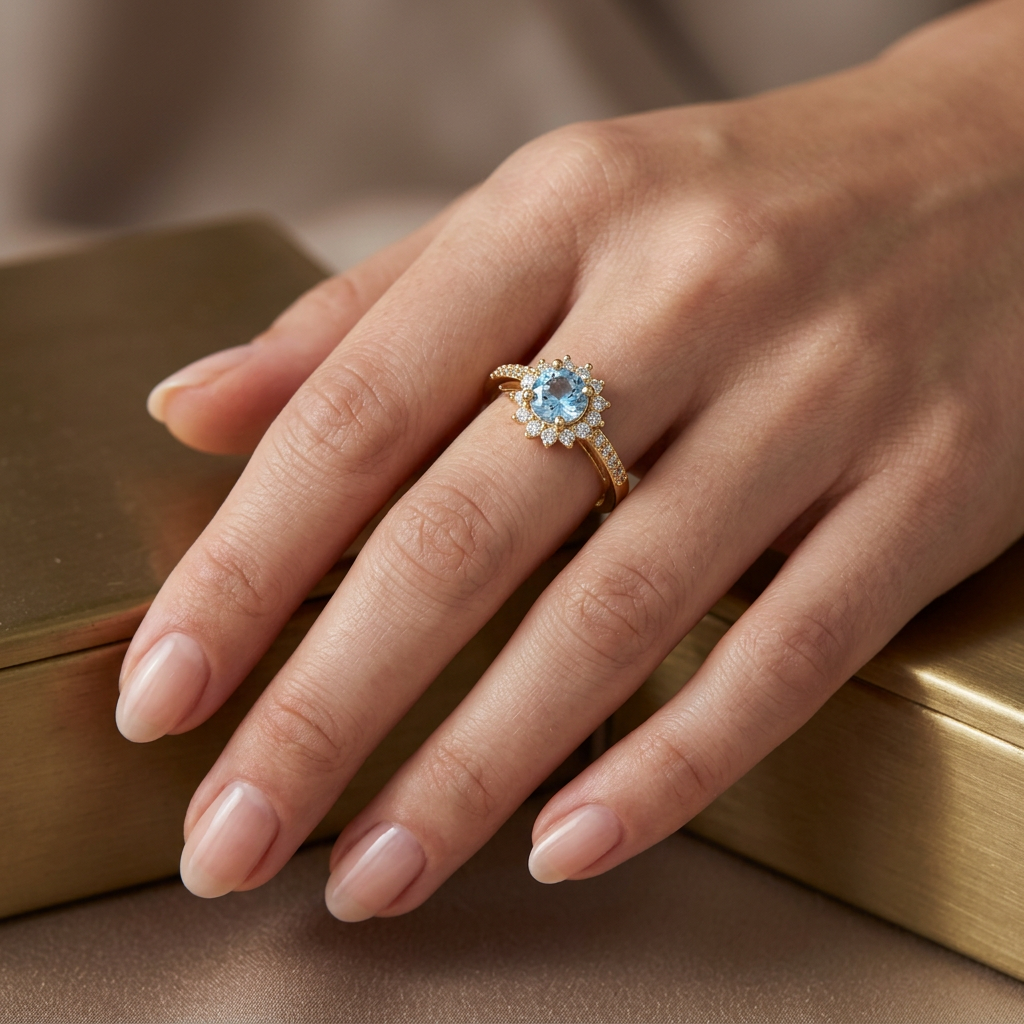 RING ADJUSTABLE LIGHT BLUE ZIRCON HALO