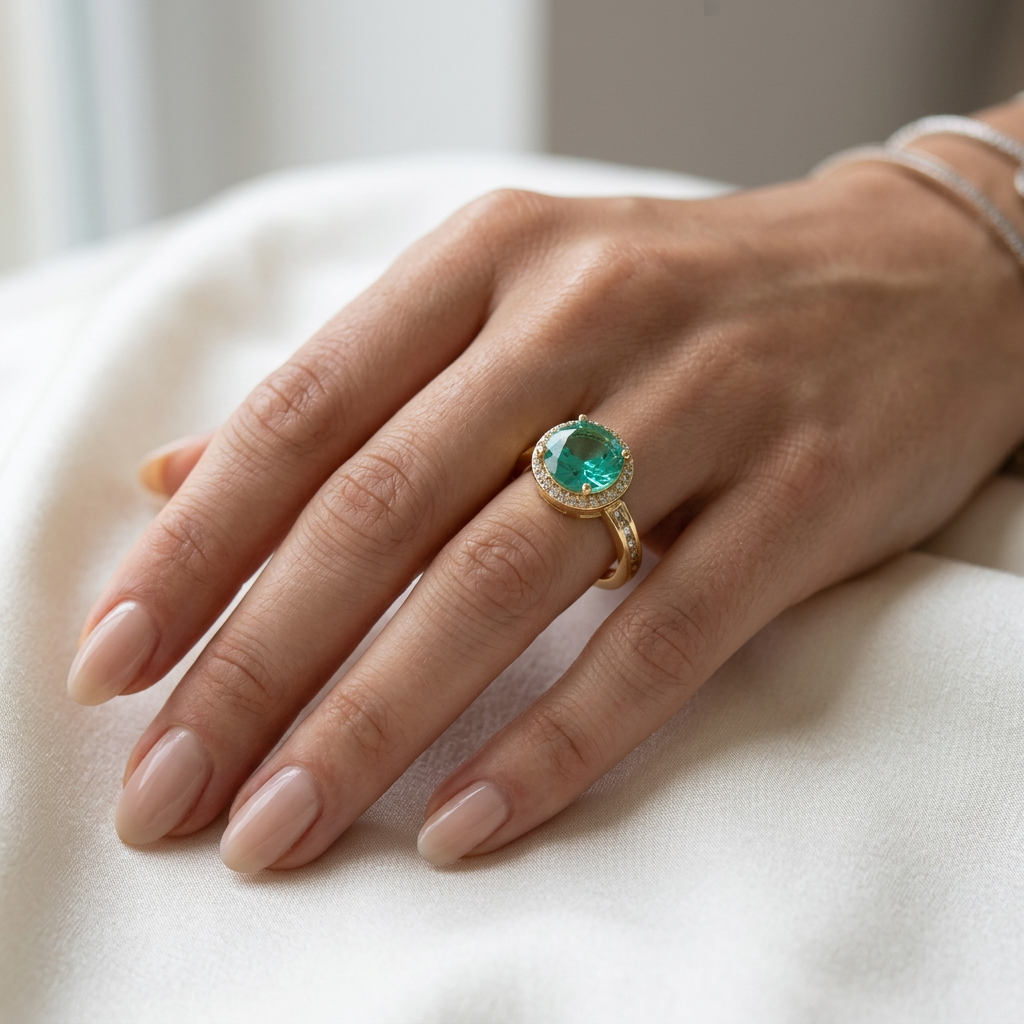 RING ADJUSTABLE TOURMALINE GREEN HALO
