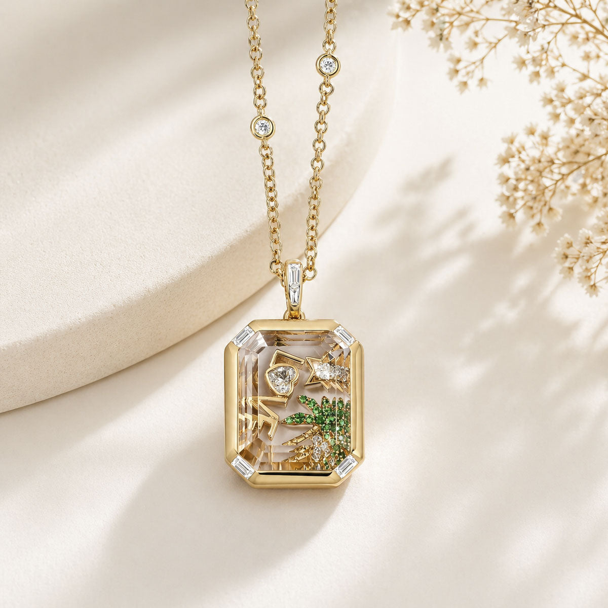 NECKLACE LOCKET RECTANGLE GLASS AND CRYSTALS