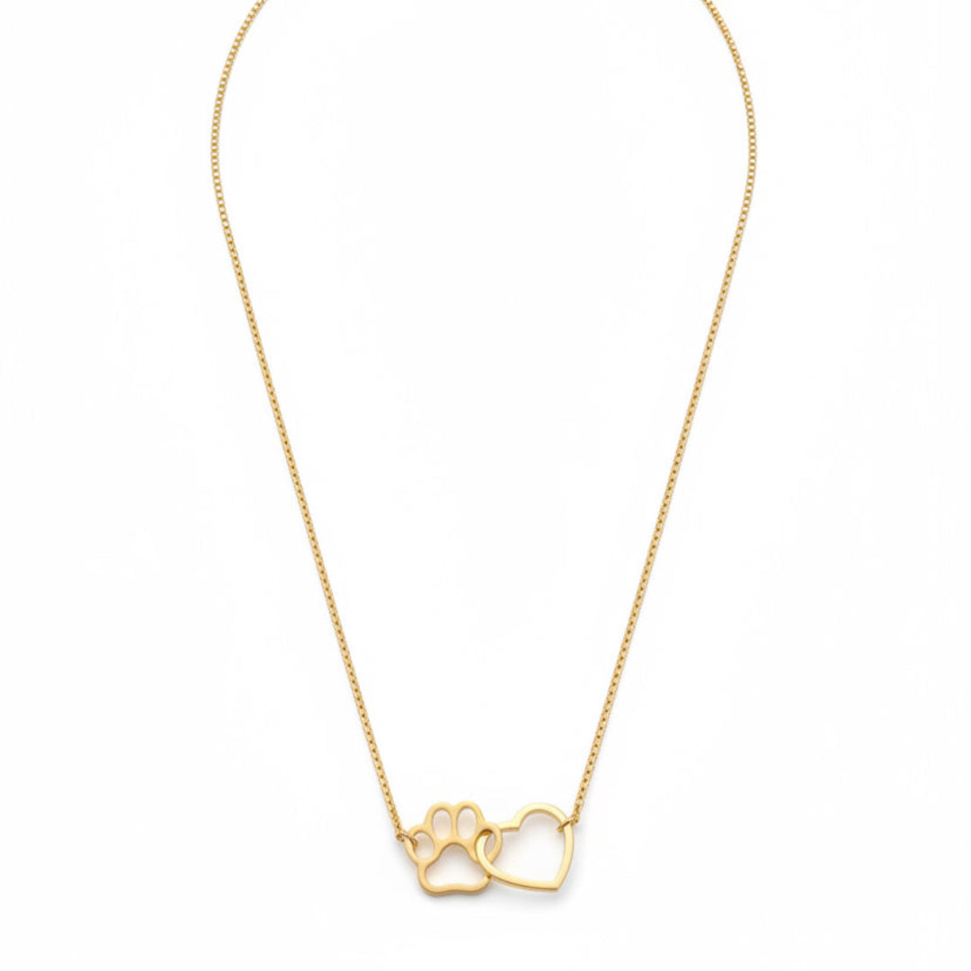 Gold necklace with a paw print and heart pendant on a white background