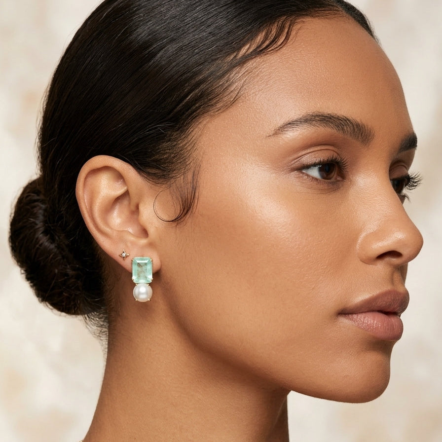 EARRINGS RECTANGLE CRYSTAL FUSION GREEN + PEARL