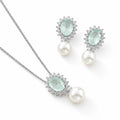 EARRINGS + NECKLACE SET OVAL LIGHT GREEN CRYSTAL WITH PEARL