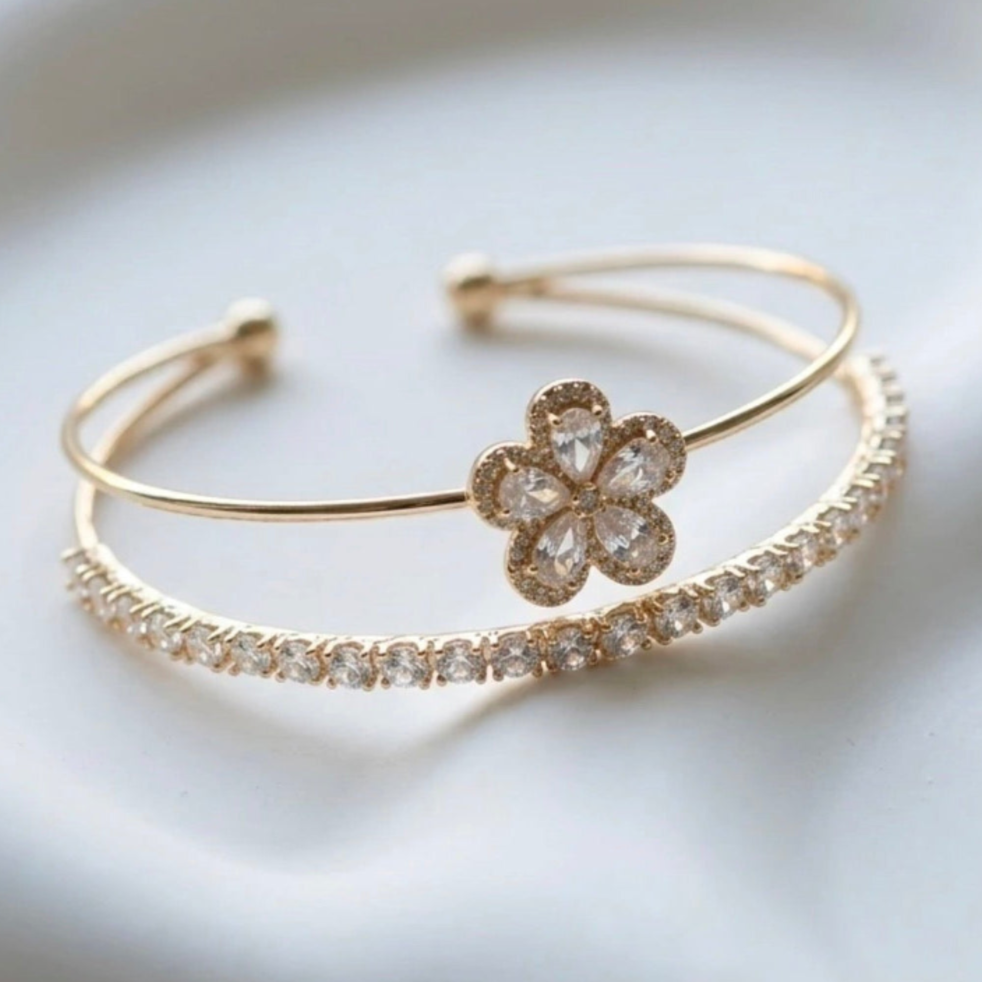 BRACELET DUO BANGLE FLOWER CUBIC ZIRCONIA