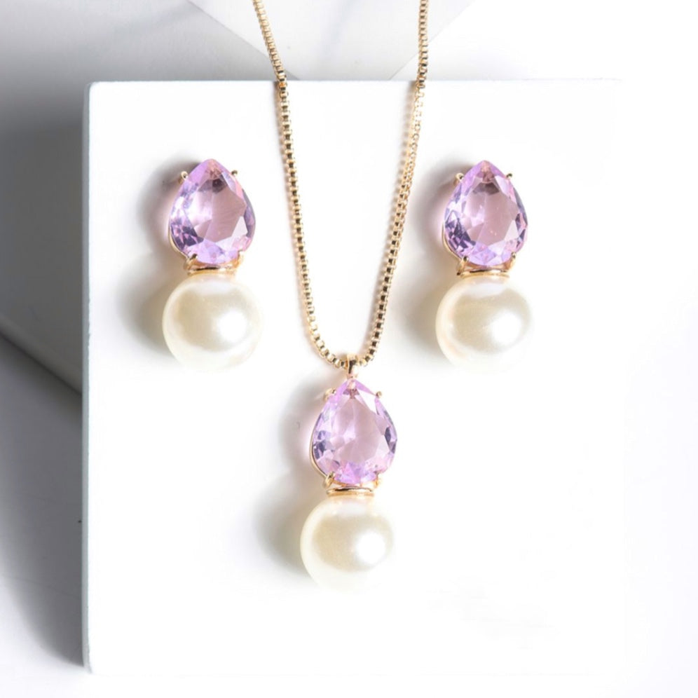 SET NECKLACE + EARRING PEARL & CRYSTAL LAVENDER