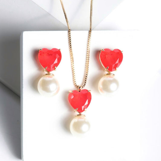 SET NECKLACE+ EARRINGS PEARL & CHERRY RED CRYSTAL