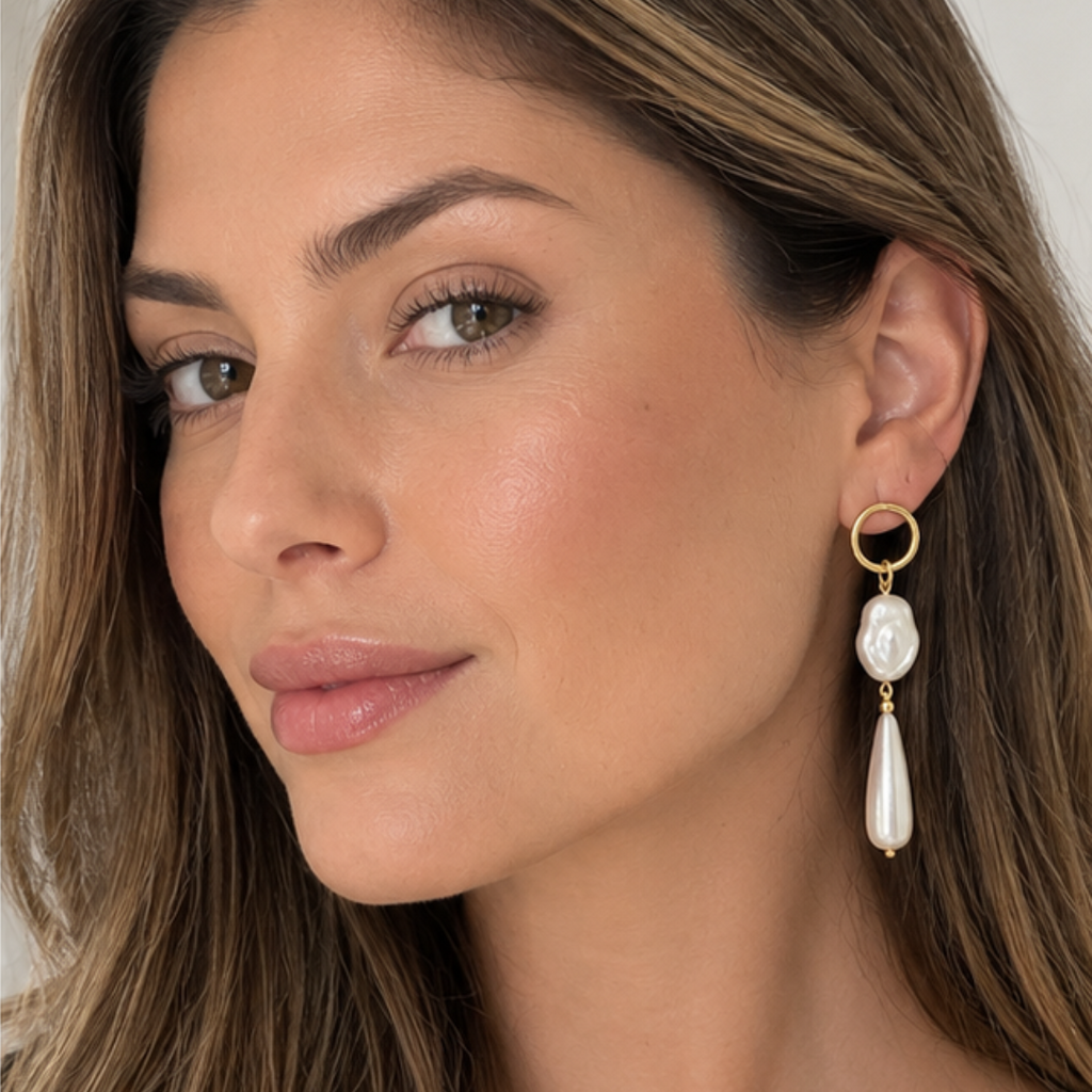 EARRINGS FRONTAL RING LONG TEAR DROP PEARL